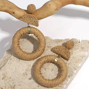 Anthro Boho Raffia Rattan Drop Earrings